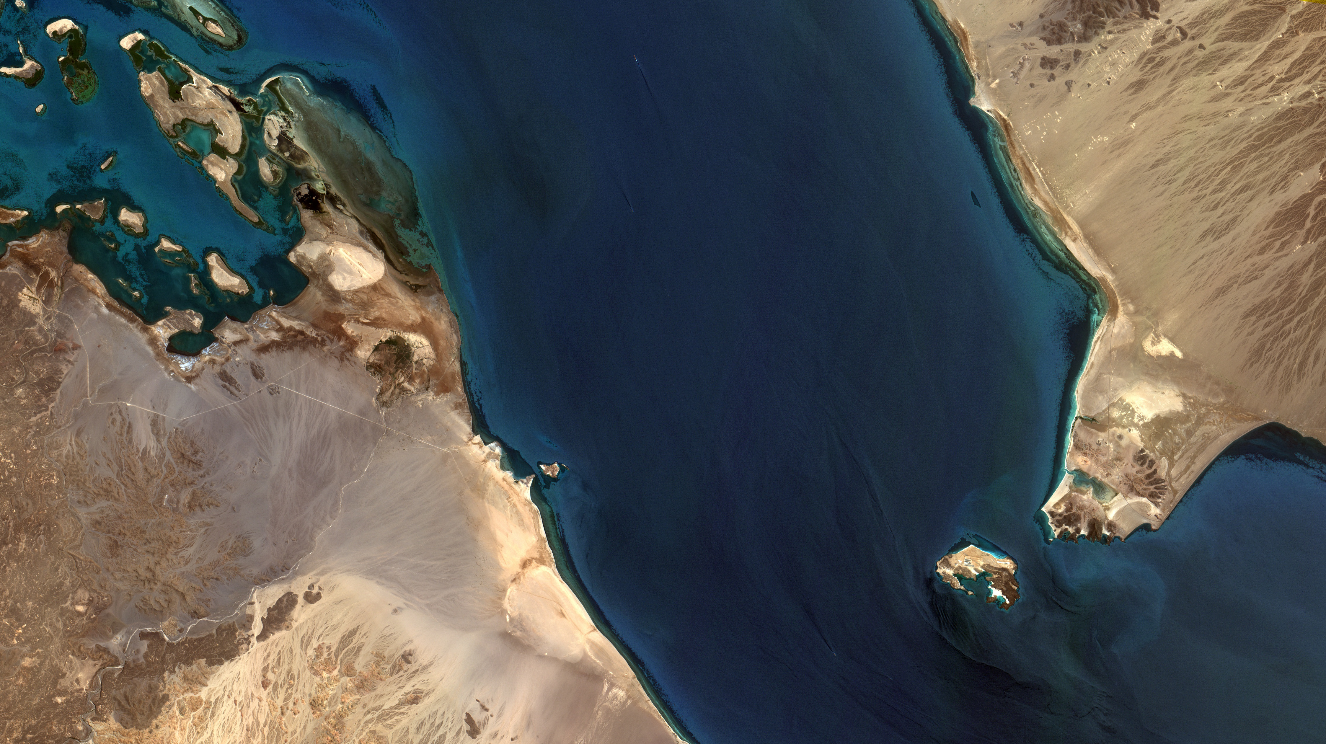 Satellite view of the Bab al-Mandab Strait between Yemen, right, and Djibouti, left. Perim Island, recently seized by Houthi forces, is visible in the centre of the strait. Image: CBERS-4 satellite, Coordenação-Geral de Observação da Terra/INPE, CC BY-SA 2.0.