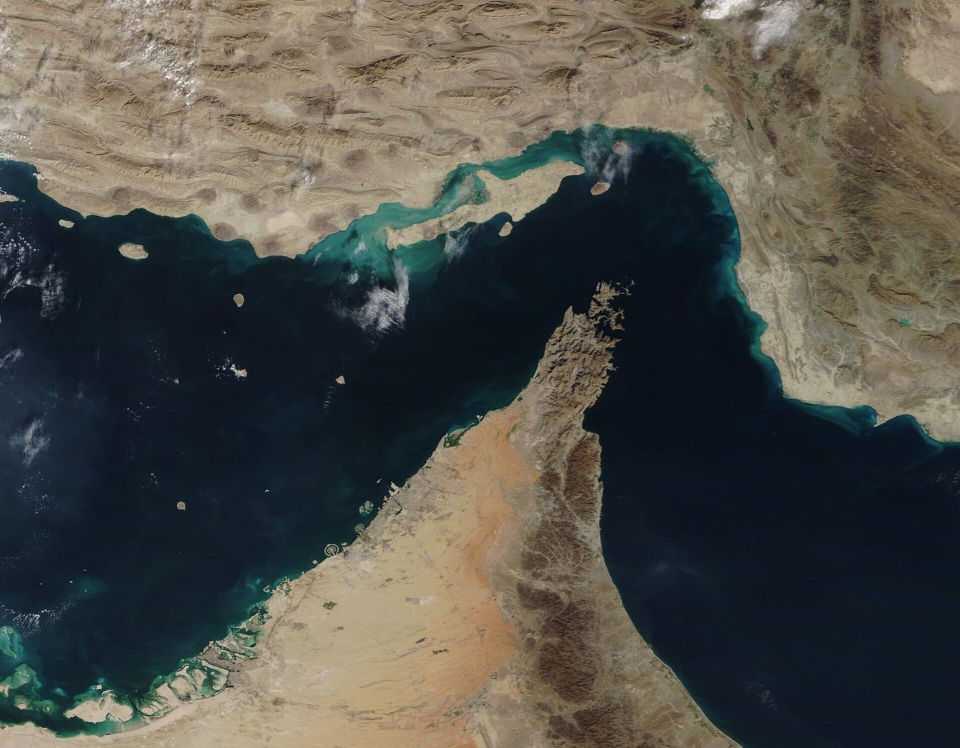 The Strait of Hormuz, between the Persian Gulf and the Gulf of Oman. Roughly a fifth of the world's oil normally passes through it. Image: MODIS Land Rapid Response Team, NASA Goddard Space Flight Center, public domain.