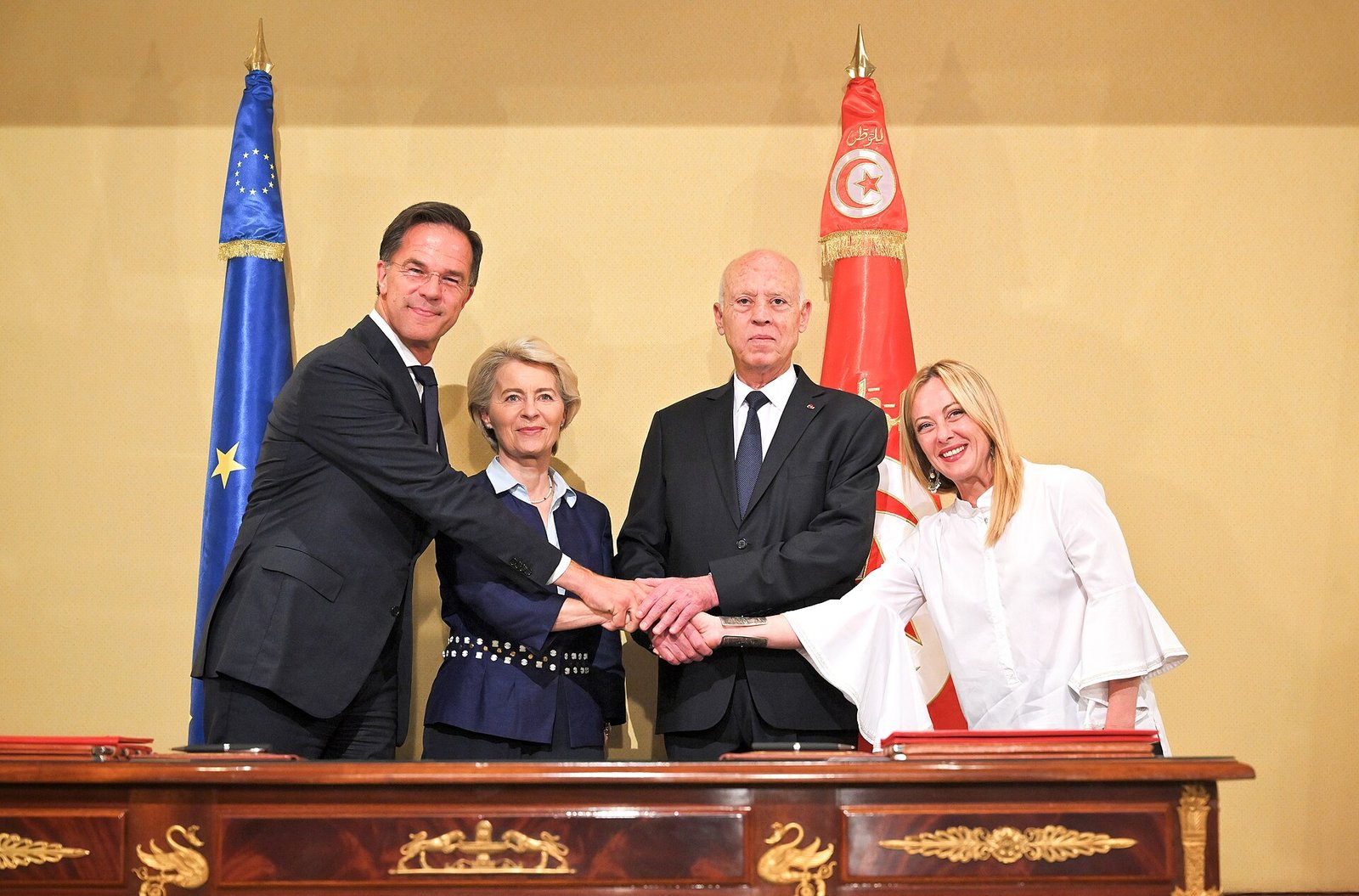 Mark Rutte, Ursula von der Leyen, Kaïs Saïed and Giorgia Meloni in Tunis on 16 July 2023, the day the memorandum of understanding was signed. Photo: Dati Bendo, European Commission, CC BY 4.0.