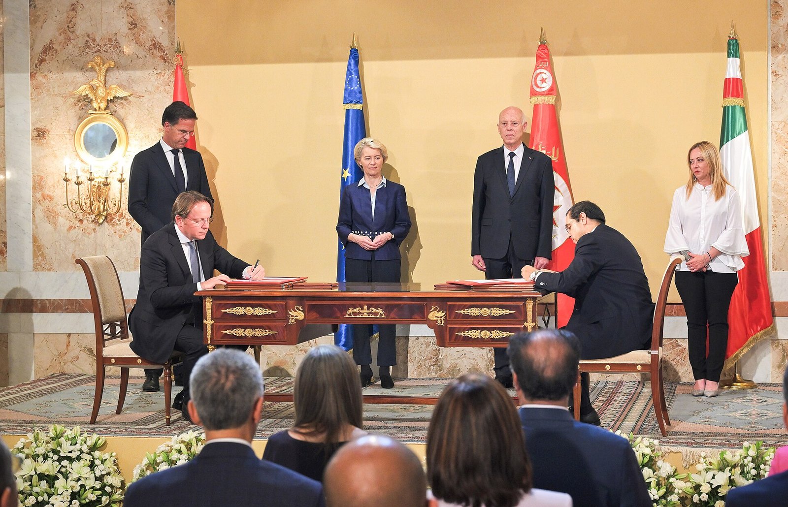 Officials at the signing in Tunis, July 2023. Migration, economic support and broader partnership were incorporated into a single framework.