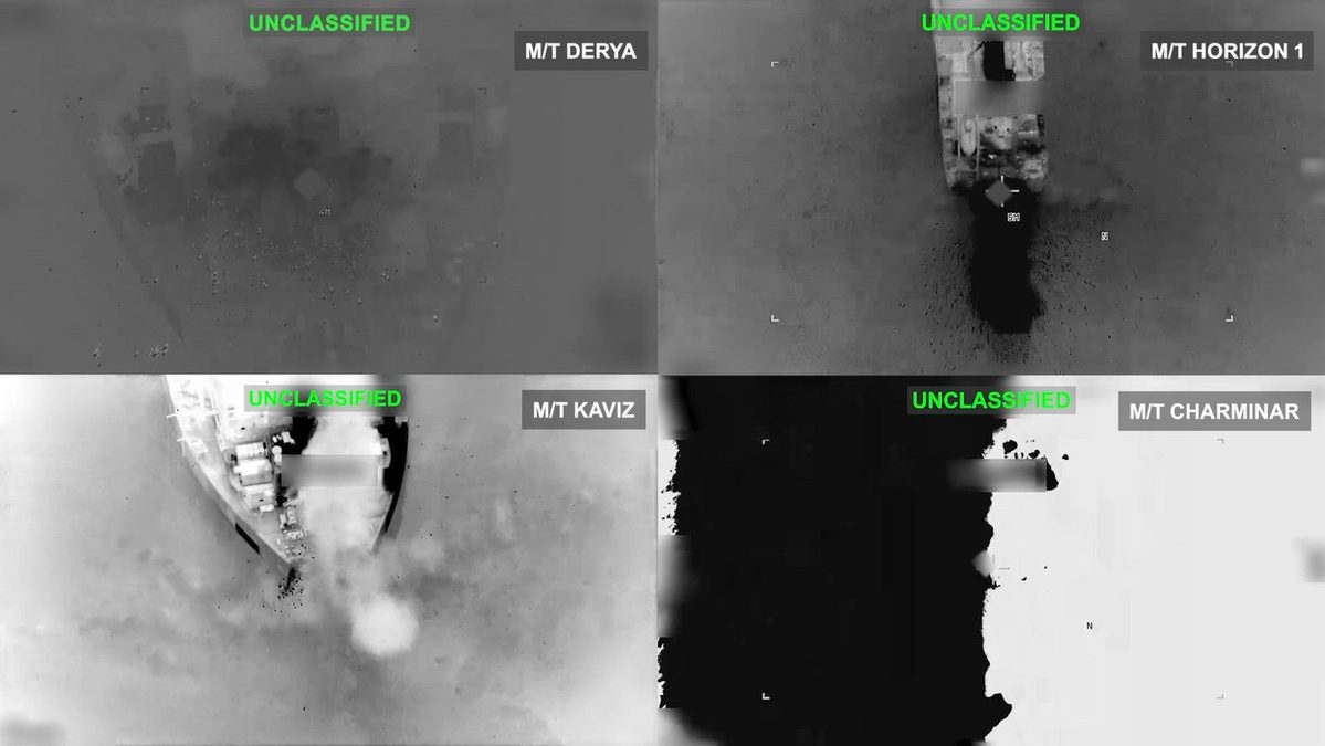 Infrared footage of the strikes on the Iranian tankers Derya, Horizon 1, Kaviz and Charminar, 8 September 2026. Still from U.S. Central Command video; U.S. government work, public domain.