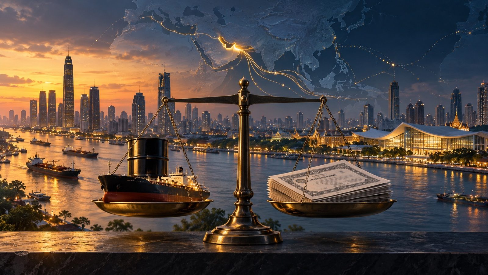 Editorial illustration of energy supply and sovereign debt in Bangkok. Image generated for The Geopolitical Economist.