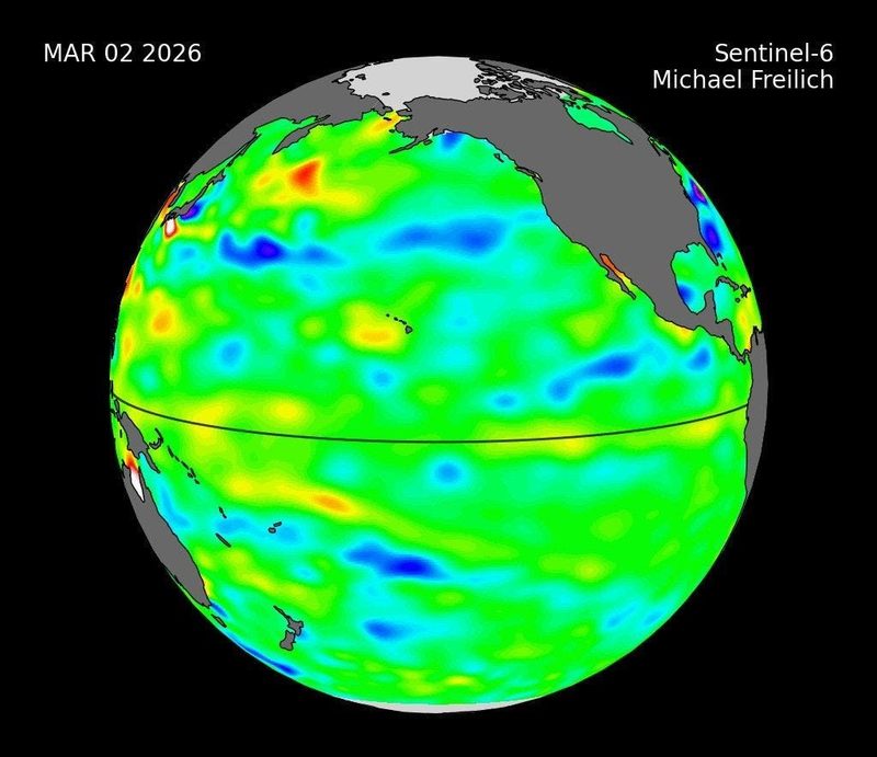 Figure 1. Sea-level height measured by the Sentinel-6 Michael Freilich satellite, March to May 2026. Image: NASA/JPL-Caltech, released 2 June 2026.