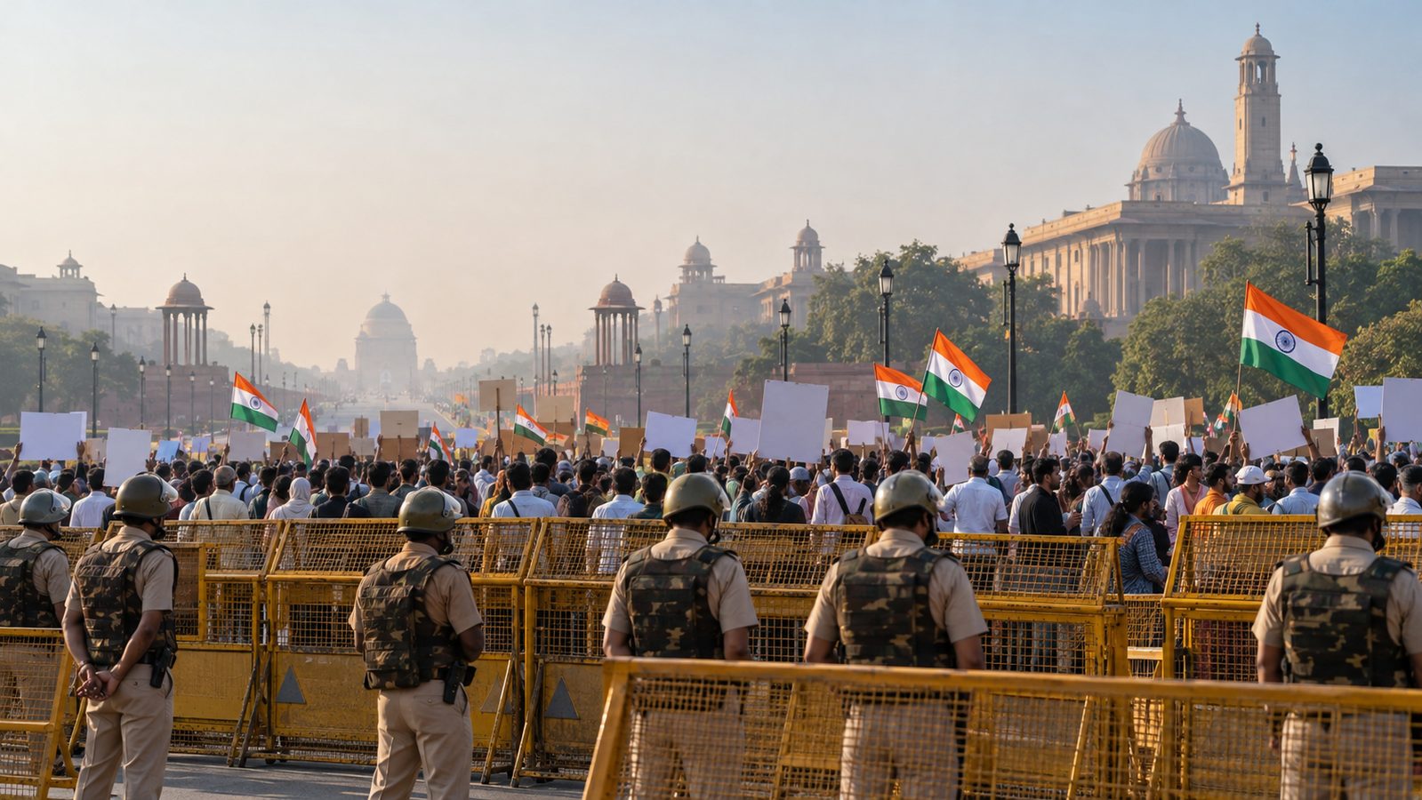 AI-generated editorial illustration. It depicts a generic, non-documentary protest scene and is not a photograph of the October 10 demonstration.