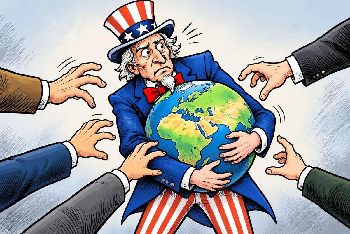 Uncle Sam holds on to the globe as other hands reach for it. Illustration: The Geopolitical Economist, AI-generated.