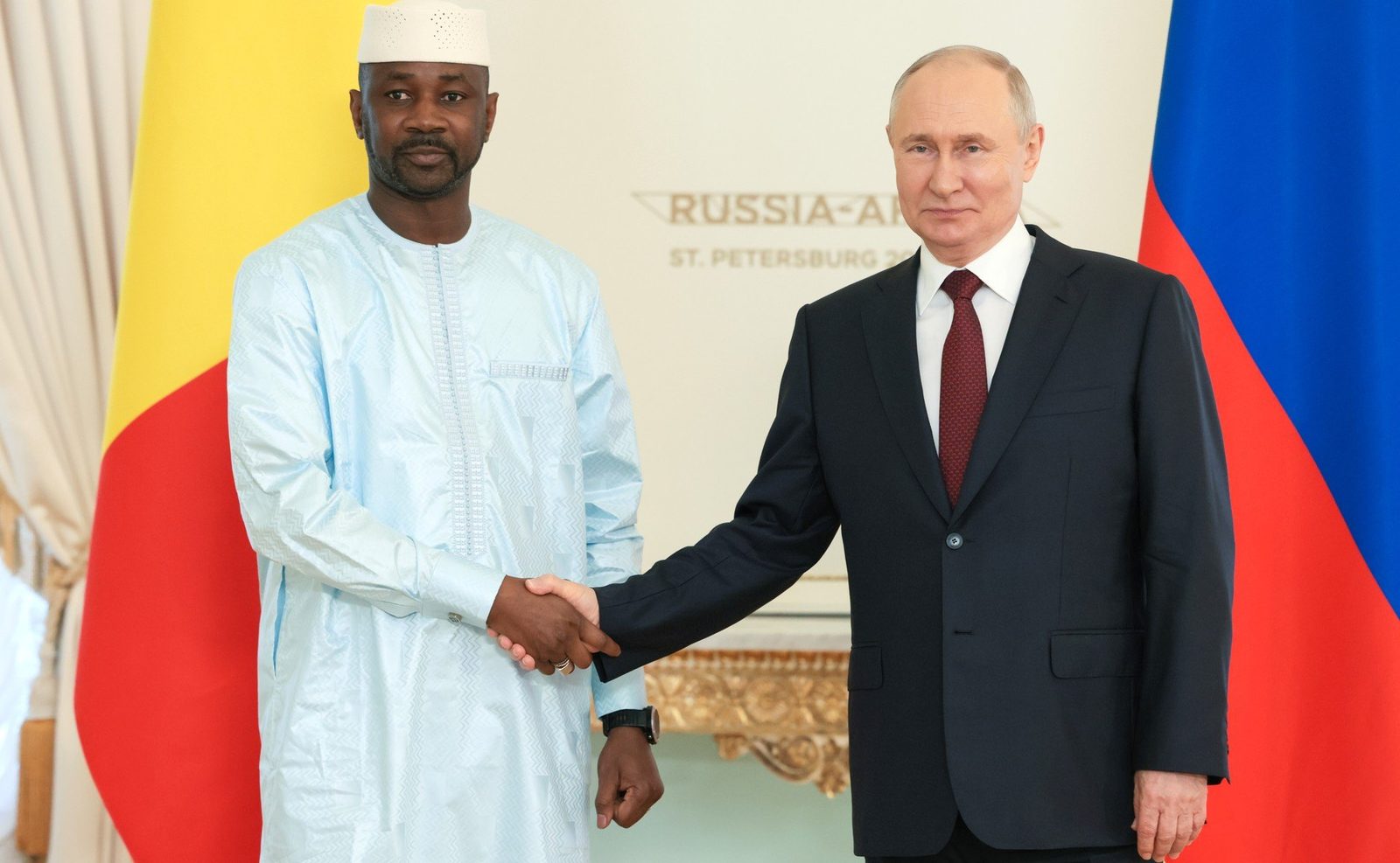 Mali's transitional president Assimi Goïta with Vladimir Putin at the Russia–Africa summit in St Petersburg, 29 July 2023, eleven months after the last French troops left Mali. Photo: President of Russia (kremlin.ru) via Wikimedia Commons, CC BY 4.0.