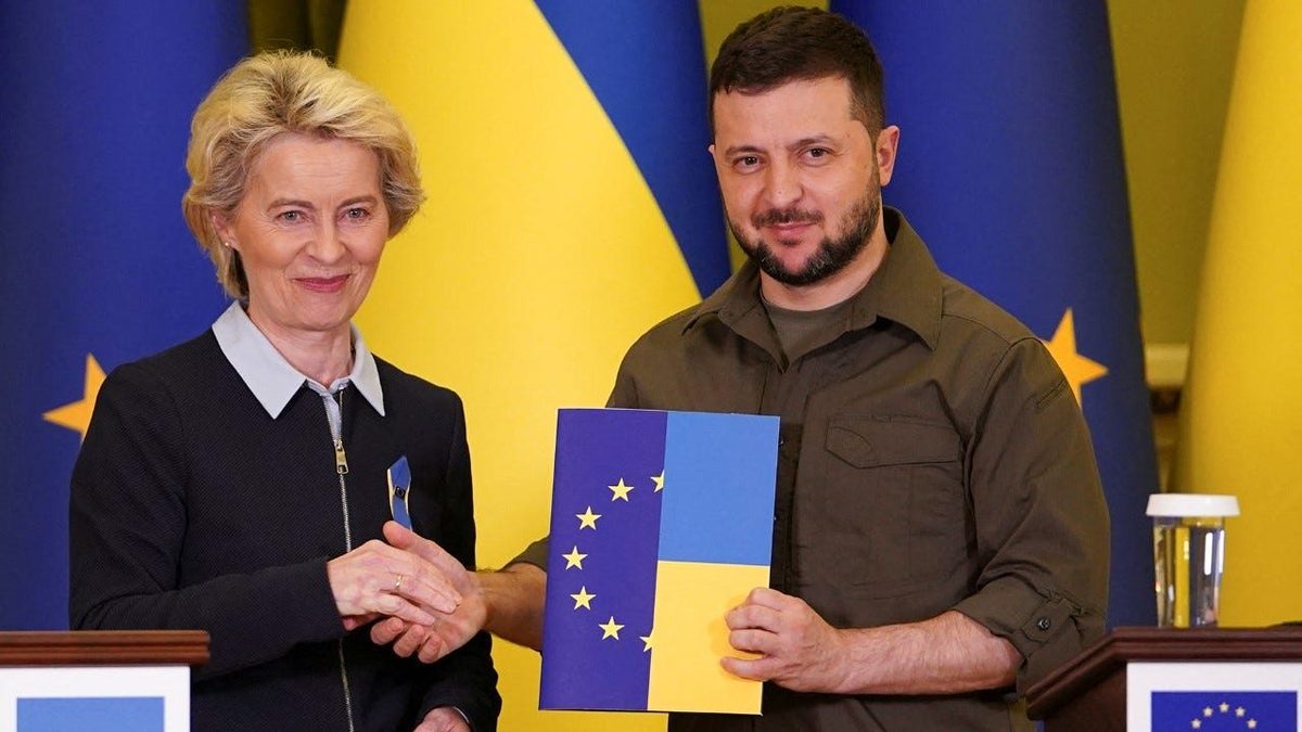 Image of the European Commission president, Ursula von der Leyen, told Volodymyr Zelenskiy in April: ‘Ukraine belongs in the European family.’ Photograph by Janis Laizans from theguardian