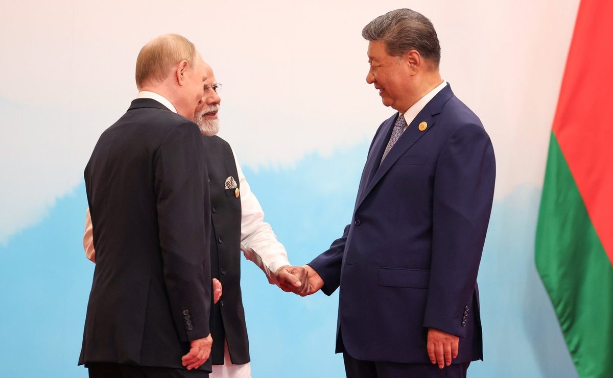 Xi Jinping, Narendra Modi and Vladimir Putin at the SCO Summit in Tianjin, September 2025. The three meet again in New Delhi this weekend. Image: President of Russia (Kremlin.ru) via Wikimedia Commons, CC BY 4.0.